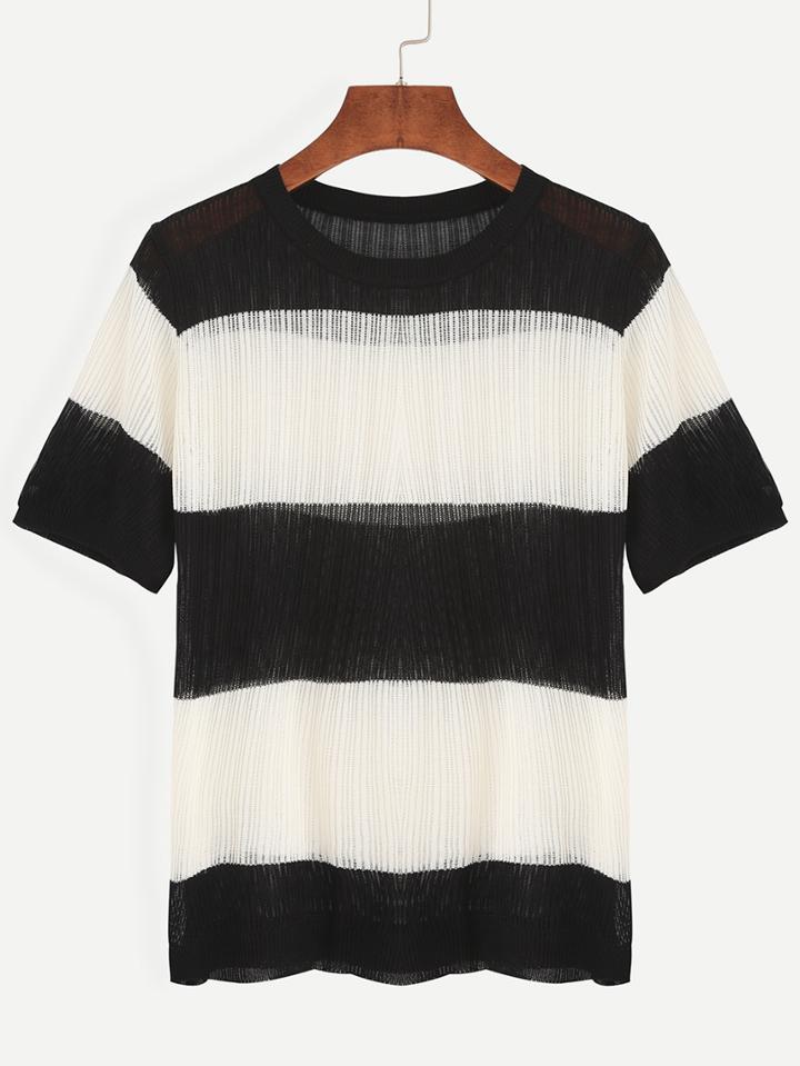 Romwe Black White Striped Knitted T-shirt