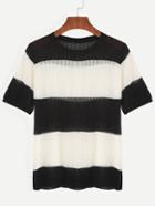 Romwe Black White Striped Knitted T-shirt