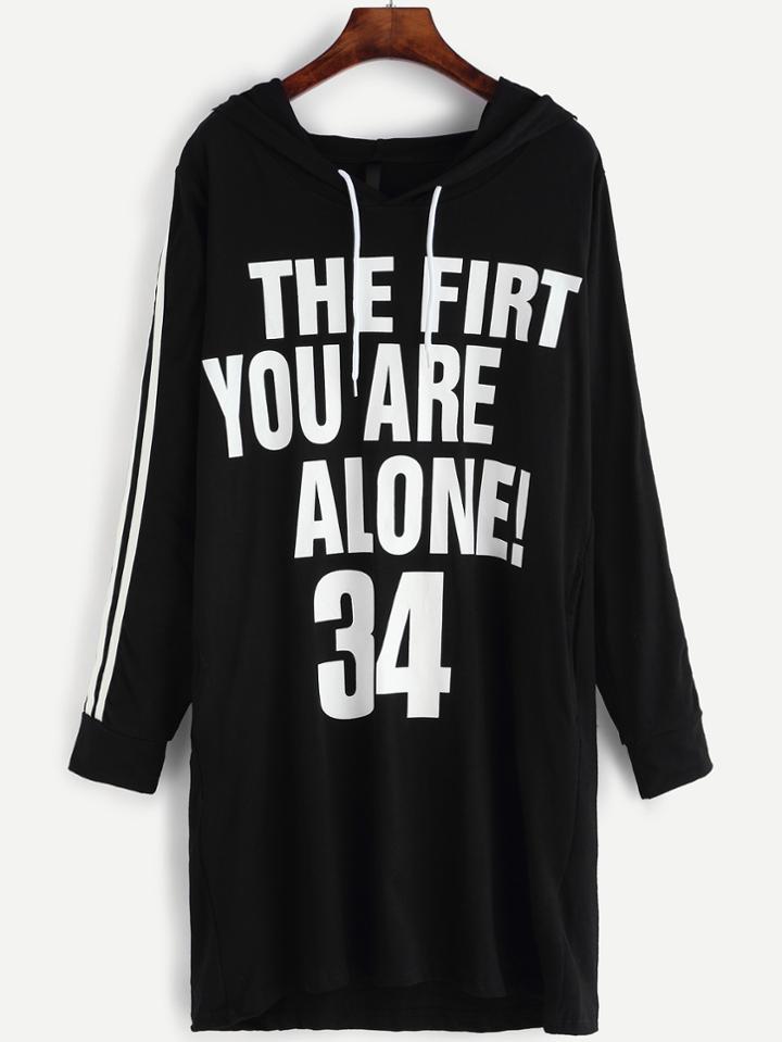 Romwe Black Slogan Print Striped Sleeve Drawstring Hooded Sweatshirt Dress
