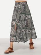 Romwe Tribal Print Elastic Waist Slit Chiffon Skirt