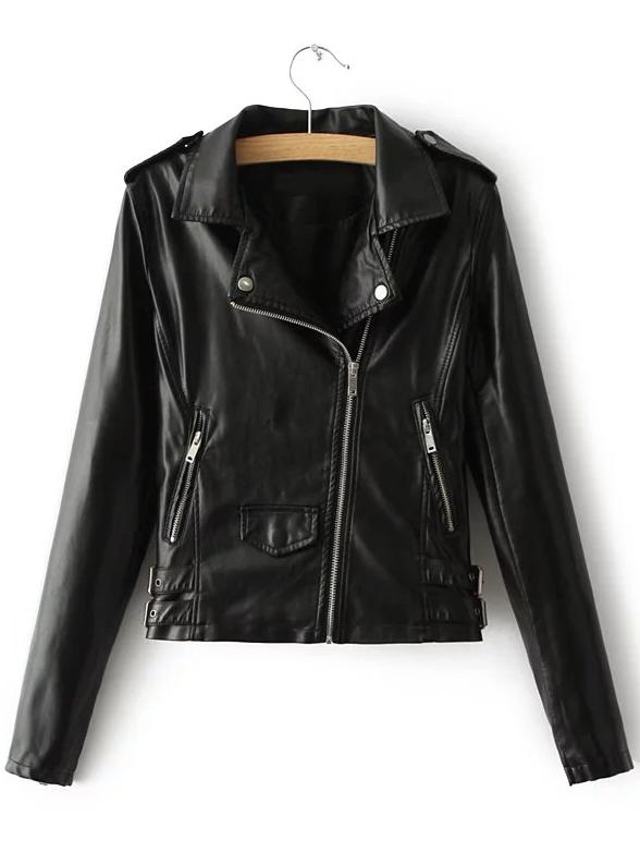Romwe Black Oblique Zipper Pu Jacket With Buckle