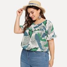 Romwe Plus Flounce Sleeve Tropical Print Frill Blouse