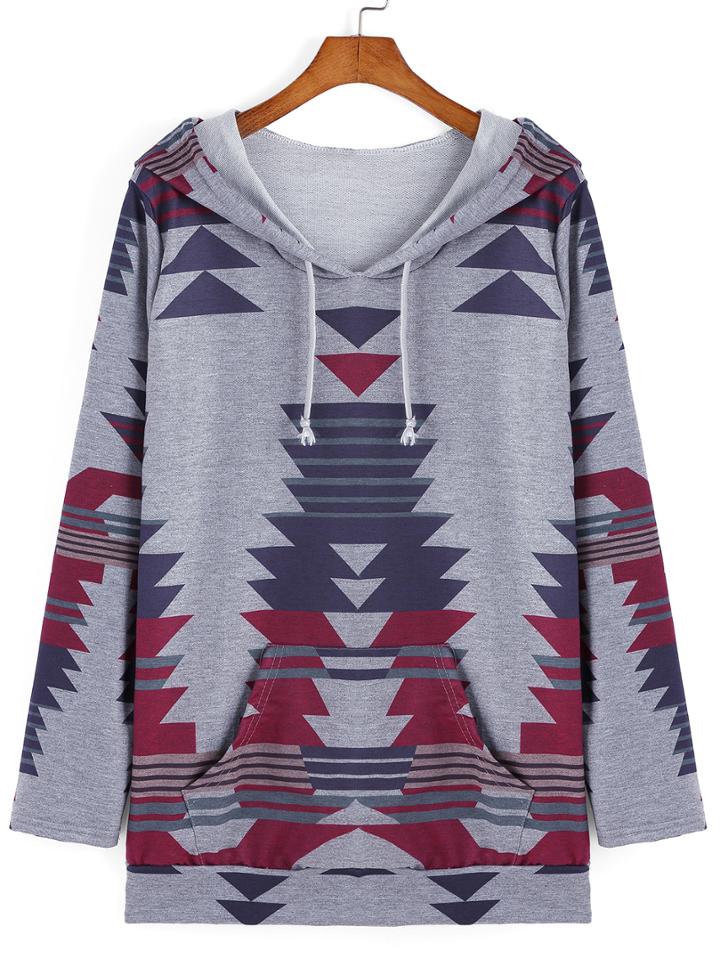 Romwe Hooded Geometric Print Loose Sweatshirt