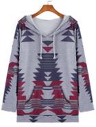 Romwe Hooded Geometric Print Loose Sweatshirt