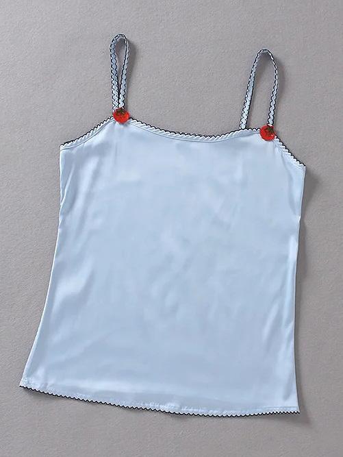 Romwe Blue Strawberry Embroidery Spaghetti Strap Top