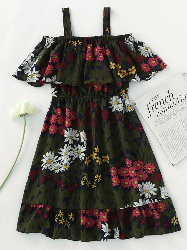 Romwe Floral Print Random Frill Hem Layered Dress