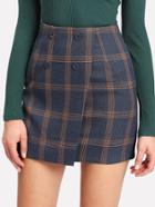 Romwe Tartan Plaid Button Wrap Front Skirt