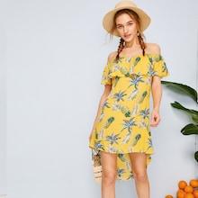 Romwe Pineapple Print Ruffle Trim Off Shoulder Dress