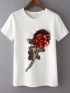 Romwe Rose Pattern Sequined White T-shirt