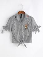 Romwe Vertical Striped Bear Embroidered Knot Front Blouse