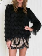Romwe Black Faux Fur Feather Sweatshirt