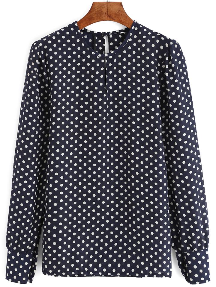 Romwe Blue Long Sleeve Polka Dot Chiffon Blouse