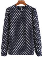 Romwe Blue Long Sleeve Polka Dot Chiffon Blouse