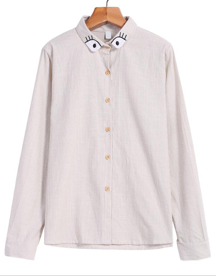 Romwe Eyes Embroidered Vertical Stripe Blouse