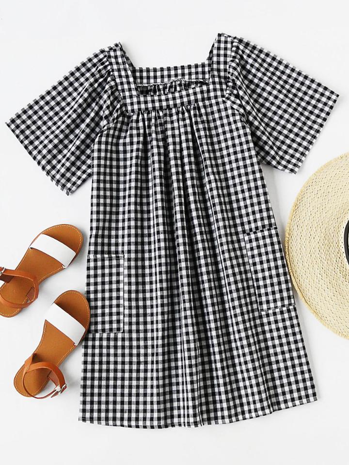 Romwe Square Neckline Gingham Print Dress