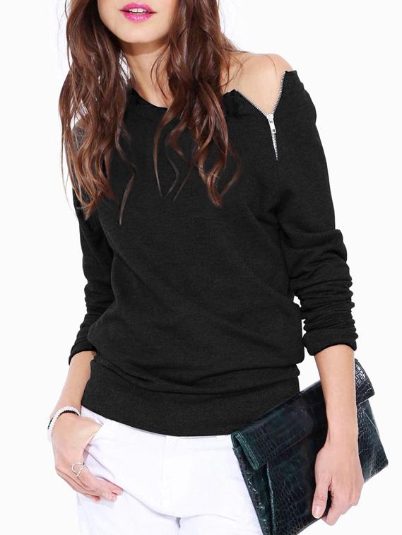 Romwe Black Long Sleeve With Zipper T-shirt
