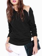 Romwe Black Long Sleeve With Zipper T-shirt