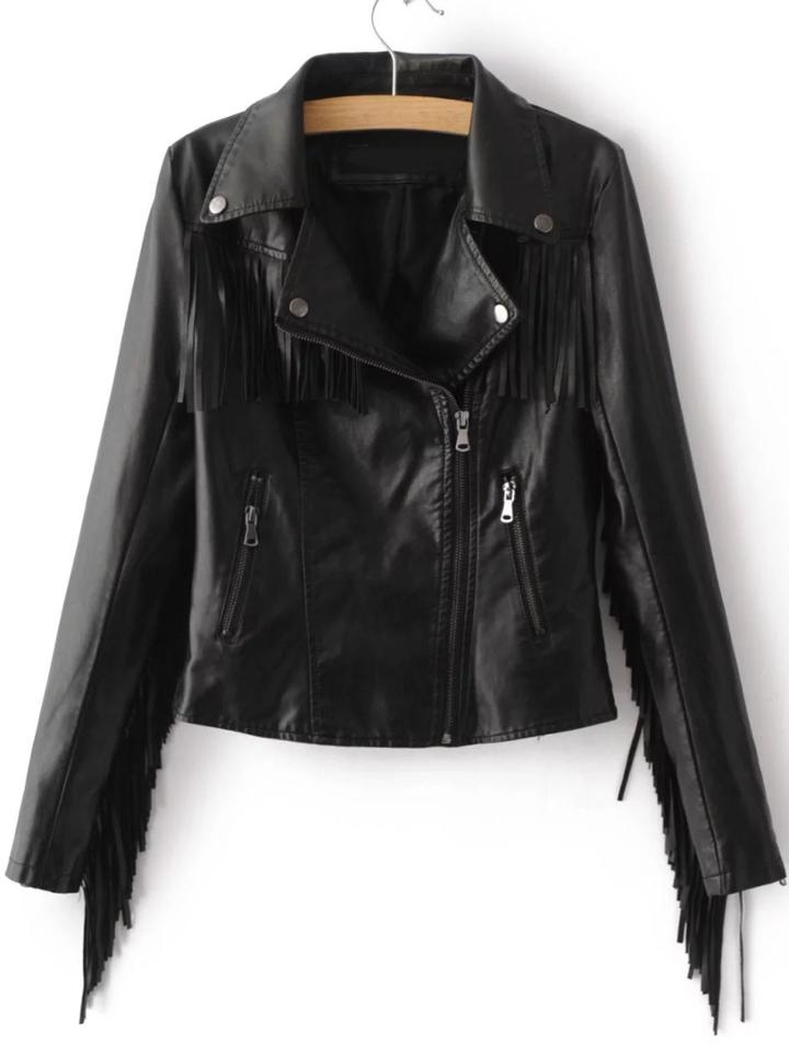 Romwe Black Oblique Zipper Fringe Detail Pu Jacket