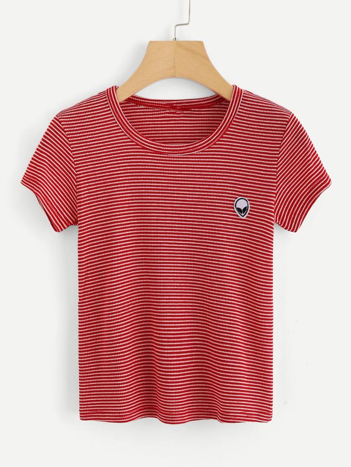 Romwe Alien Patch Striped Tee