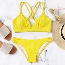 Romwe Criss Cross Ruched Top With Ladder Cut-out Bikini