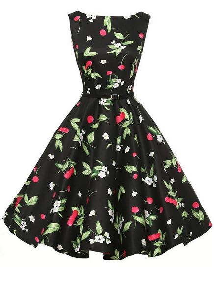 Romwe Belted Cherry Print Sleeveless Flare Dress - Black