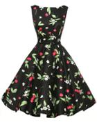 Romwe Belted Cherry Print Sleeveless Flare Dress - Black