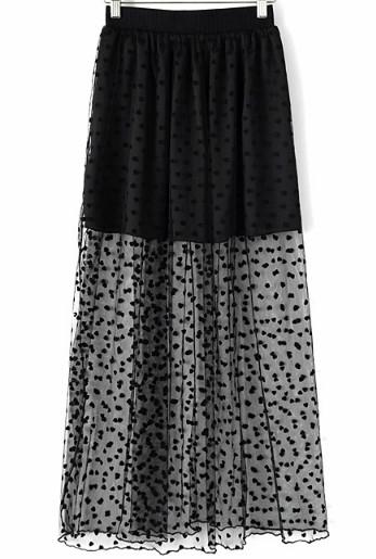 Romwe Elastic Waist Heart Pattern Mesh Skirt
