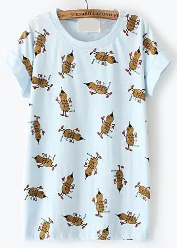 Romwe Peanut Print Loose Blue T-shirt