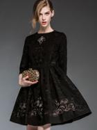 Romwe Black Round Neck Length Sleeve Embroidered Hollow Dress