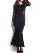 Romwe Long Sleeve Lace Fishtail Maxi Black Dress