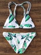 Romwe Leaf Print Strappy Triangle Bikini Set