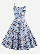 Romwe Allover Rose Print Double Strap Circle Dress