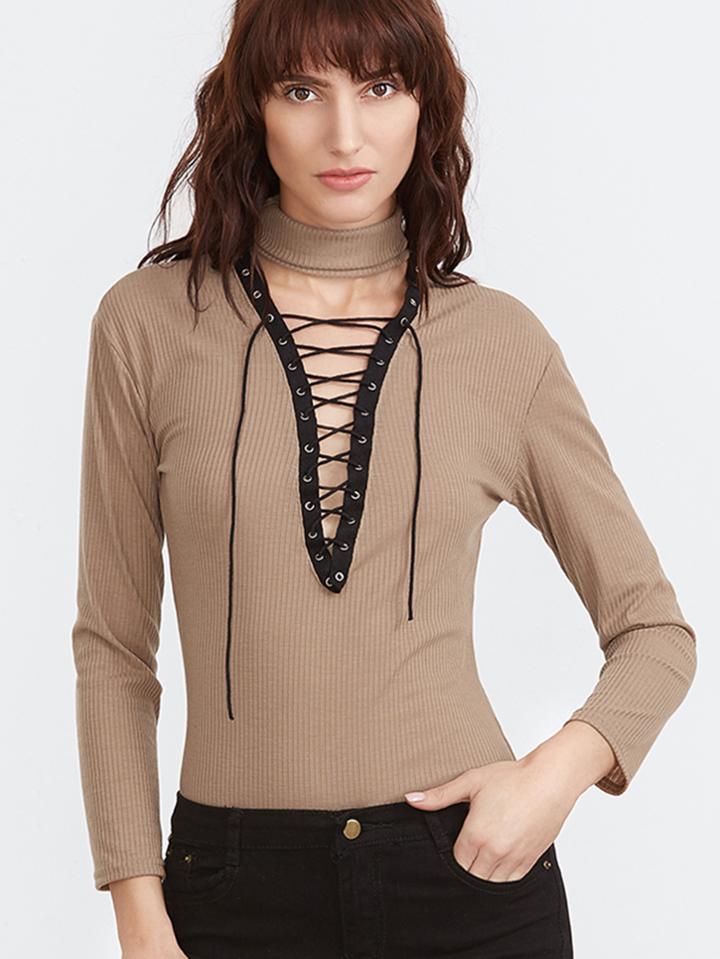 Romwe Khaki High Neck Cutout Lace Up Front T-shirt