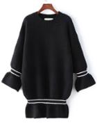 Romwe Bell Sleeve Striped Trim Ruffle Hem Black Sweater Dress