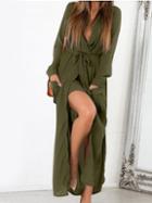 Romwe Green Deep V Neck Self-tie Pockets Chiffon Dress