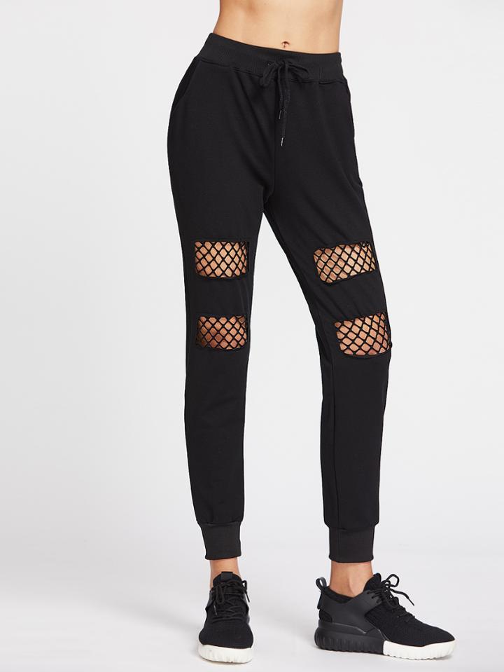 Romwe Drawstring Waist Fishnet Insert Gym Pants