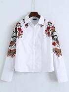 Romwe White Flower Embroidered Batwing Sleeve Shirt