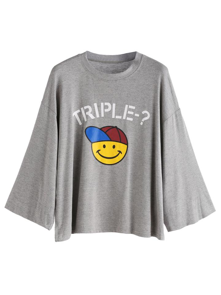 Romwe Heather Grey Smile Face Print Drop Shoulder T-shirt