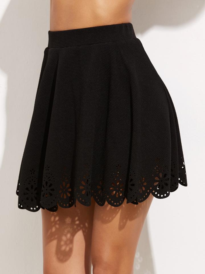 Romwe Black Laser Cutout Scallop Hem Textured Skirt