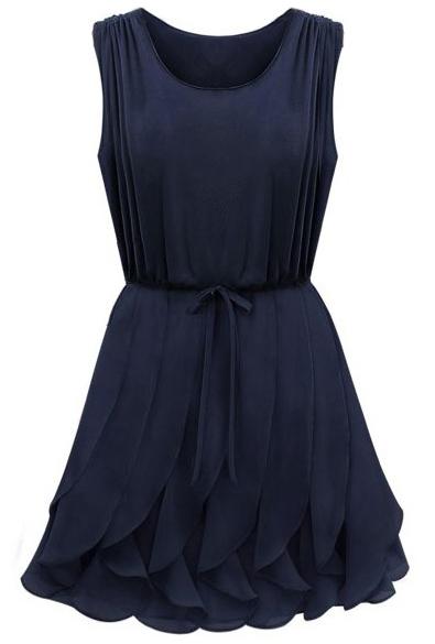 Romwe Sleeveless Flouncing Drawstring Blue Dress