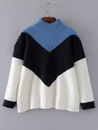 Romwe Chevron Block Ribbed Knit Sweater