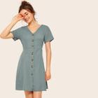 Romwe V-neck Button Front Tea Dress