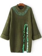 Romwe Army Green Sequin Detail Slit Sweater Dress