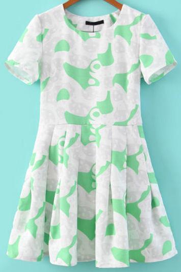 Romwe Grey Round Neck Short Sleeve A Line Print Dress