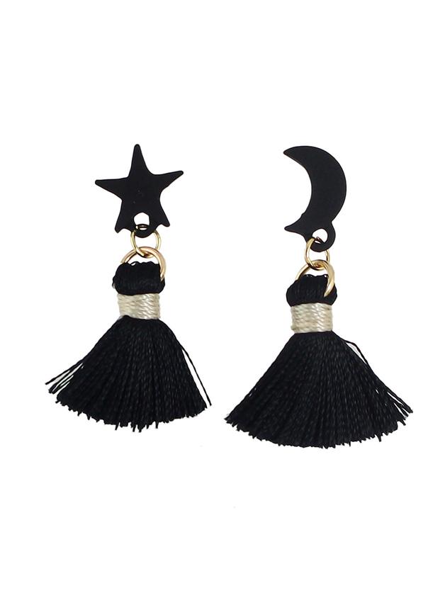 Romwe Black Color Moon Star Shape Thread Tassel Earrings