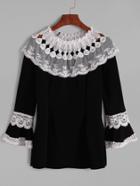 Romwe Black Contrast Lace Crochet Embroidered Blouse