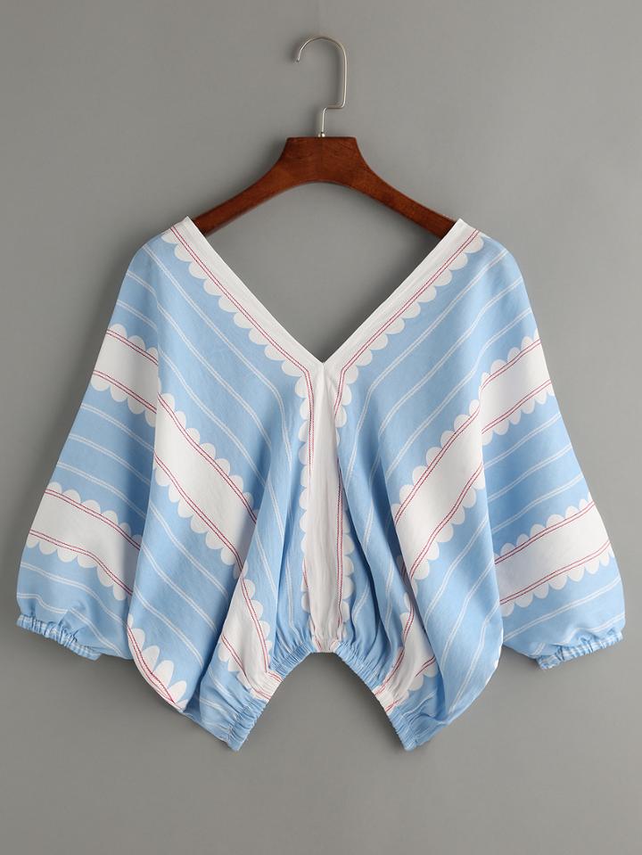 Romwe Sky Blue V Neck Print Elastic Hem Crop Top