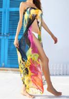 Romwe Yellow Strapless Floral Split Backless Dress
