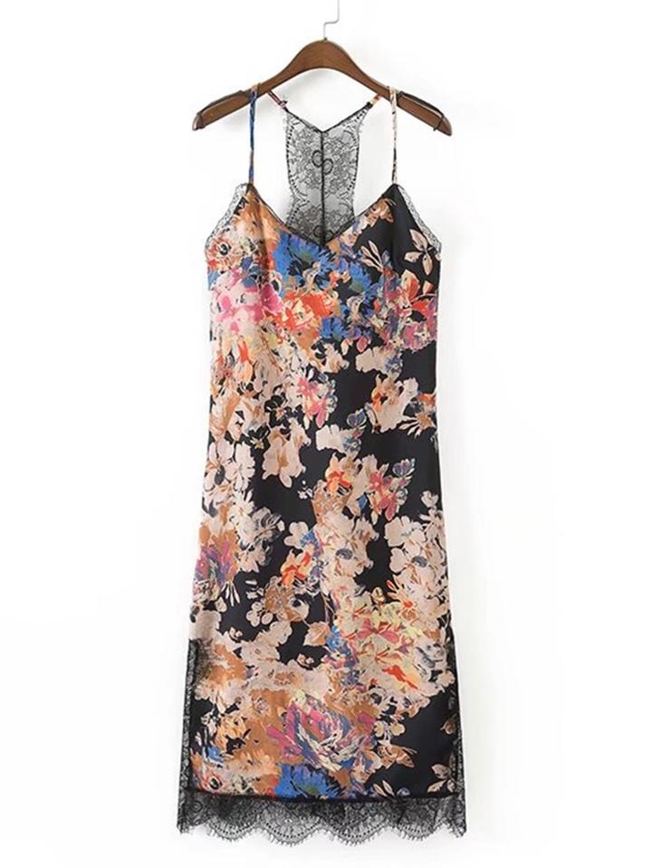 Romwe Calico Print Eyelash Lace Trim Cami Dress