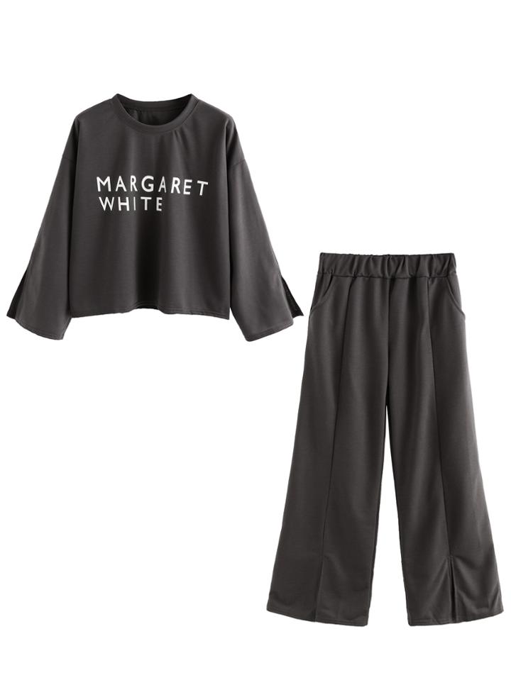 Romwe Letter Print Slit Cuff Top With Split Hem Pants